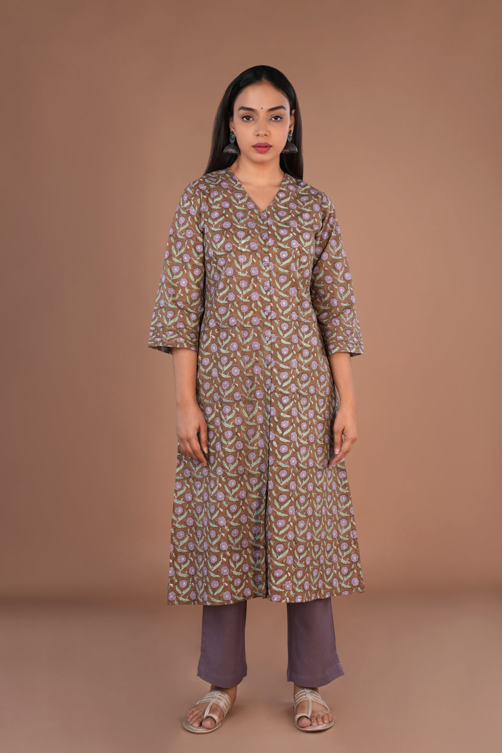 Image of Coffee Brown Sanganeri hand block printed cotton long Kurti