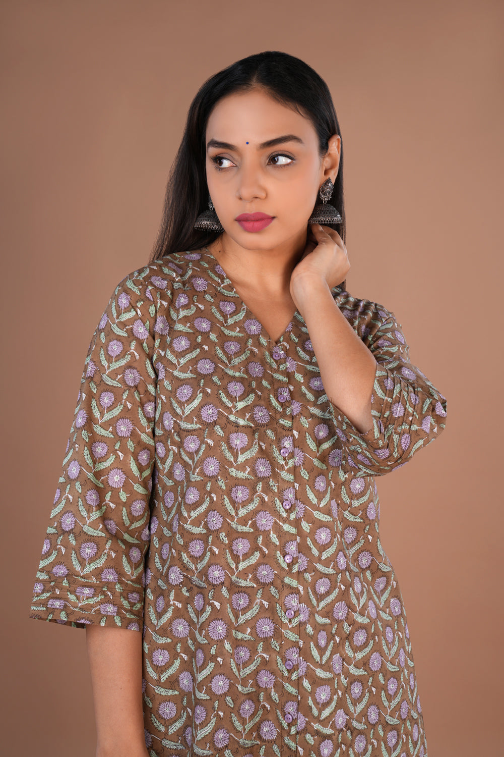 Image of Coffee Brown Sanganeri hand block printed cotton long Kurti