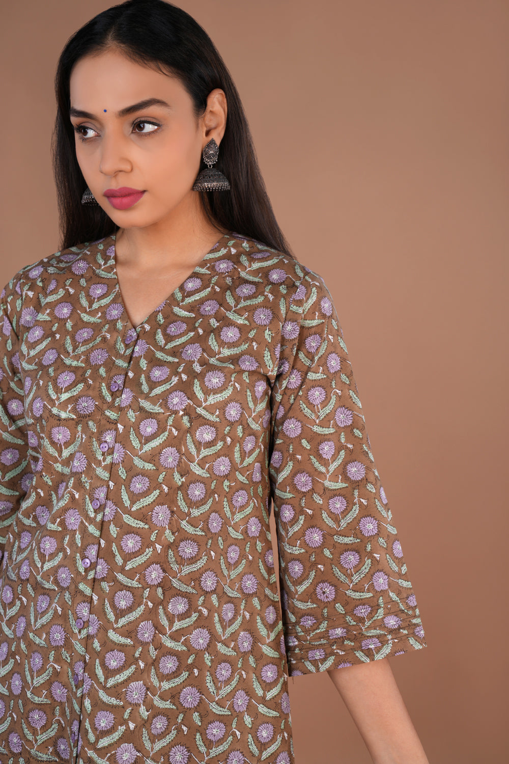 Coffee Brown Sanganeri hand block printed cotton long Kurti