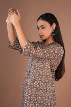 Image of Coffee Brown Sanganeri hand block printed cotton long Kurti