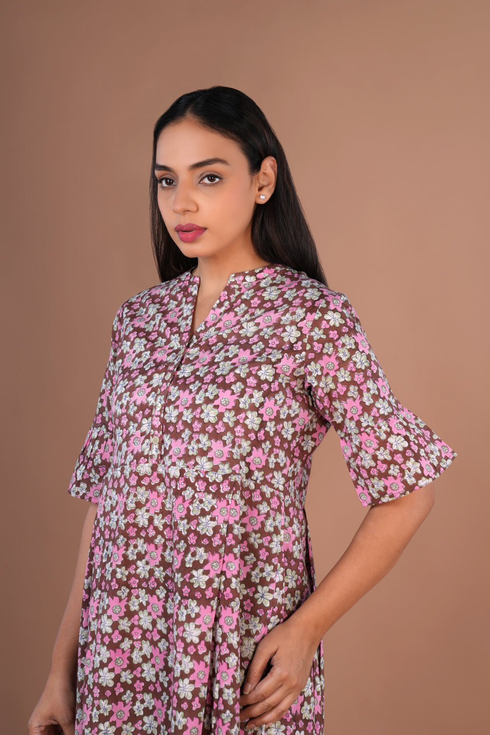 Caramel & pink floral Sanganeri hand block printed cotton long kurta.