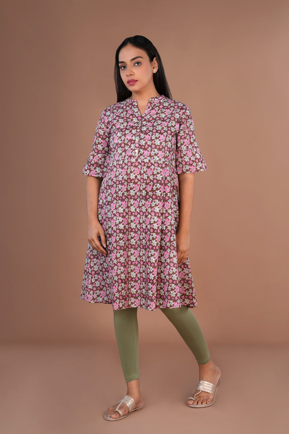Image of Caramel & pink floral Sanganeri hand block printed cotton long kurta