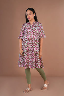Image of Caramel & pink floral Sanganeri hand block printed cotton long kurta.