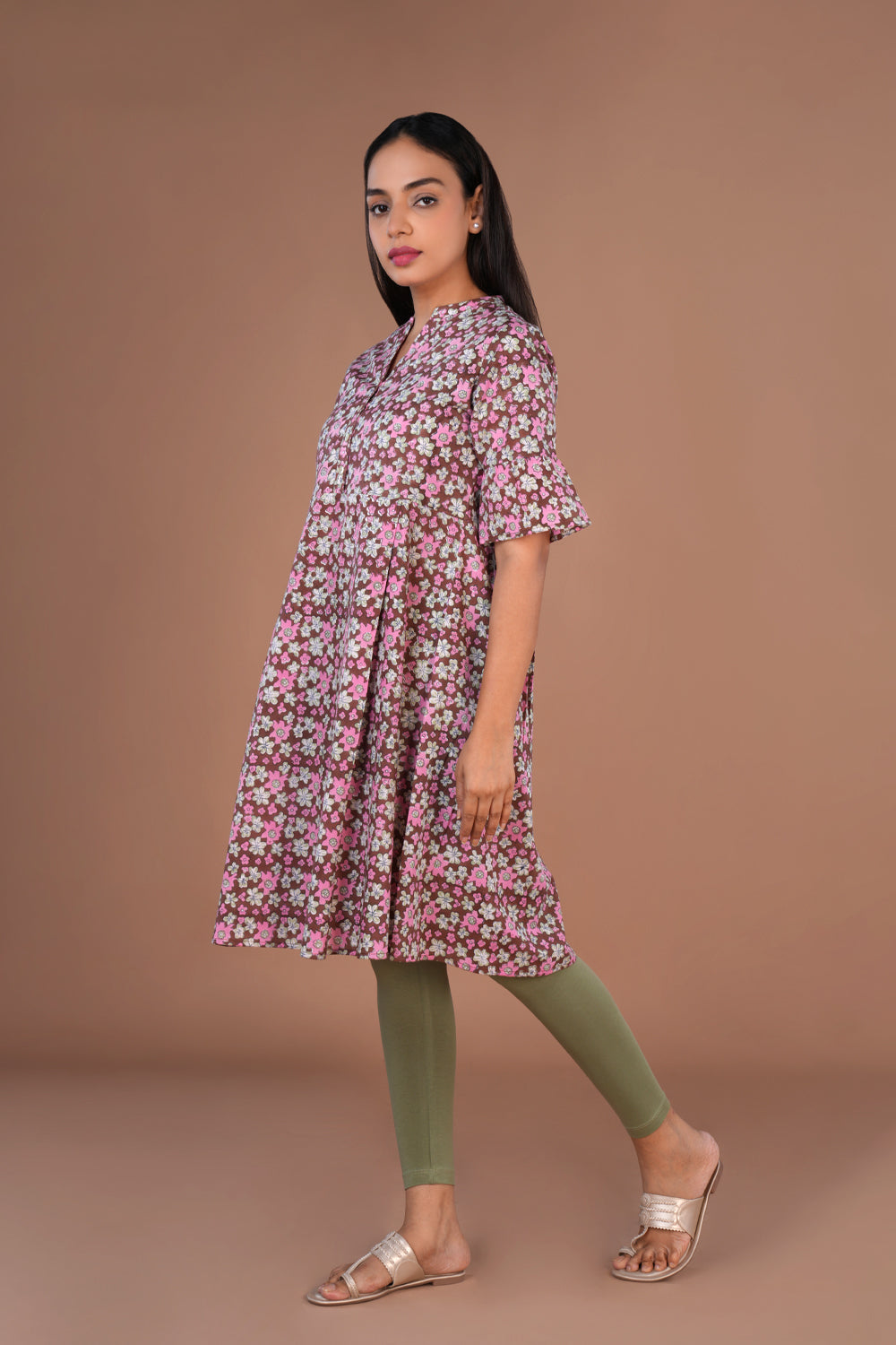 Image of Caramel & pink floral Sanganeri hand block printed cotton long kurta