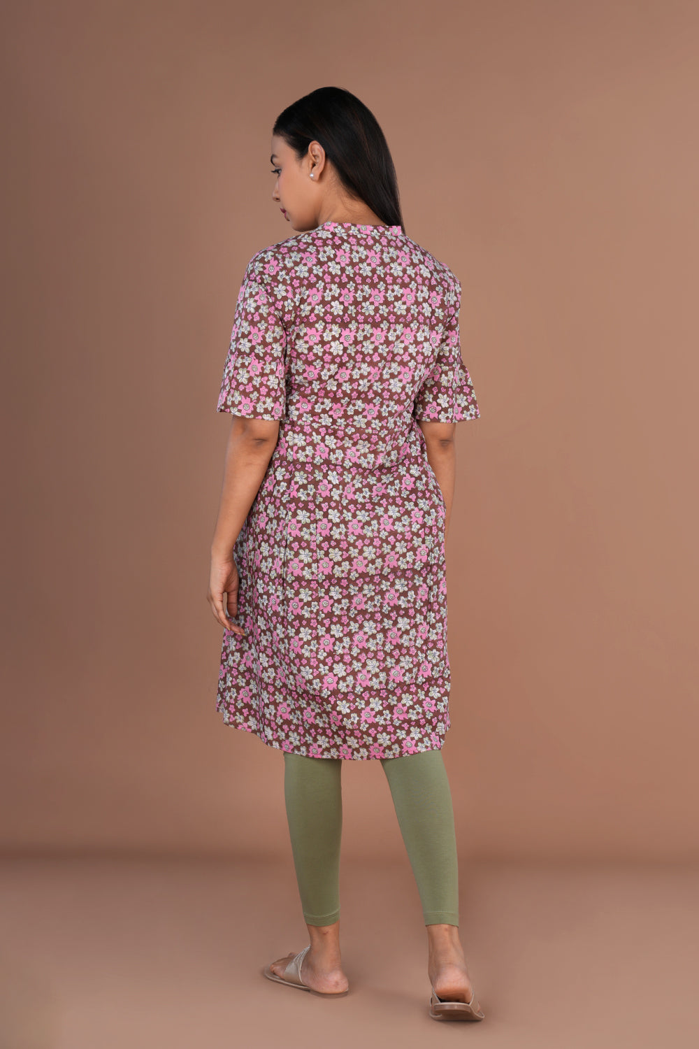 Image of Caramel & pink floral Sanganeri hand block printed cotton long kurta