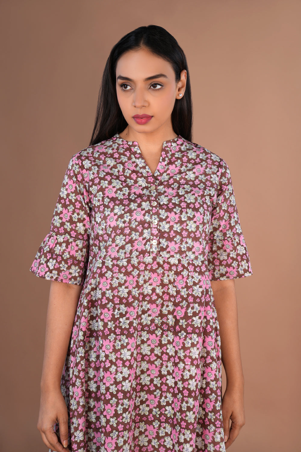 Image of Caramel & pink floral Sanganeri hand block printed cotton long kurta