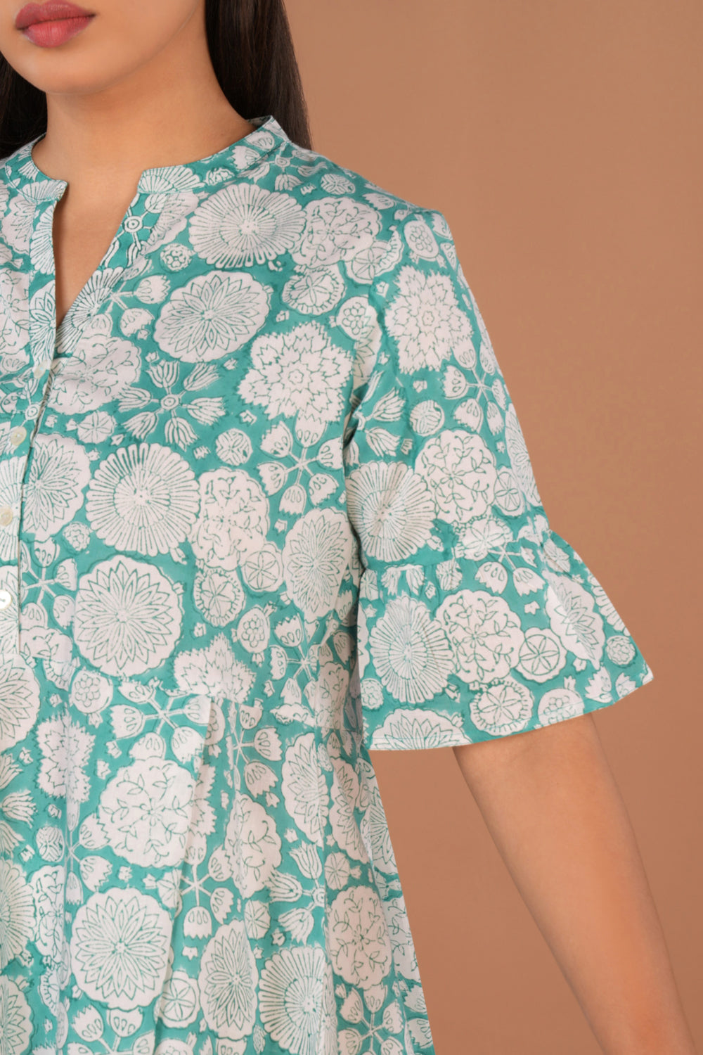 Sea Green Sanganeri hand block printed cotton long Kurti