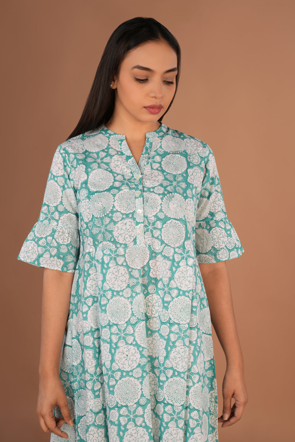 Image of Sea Green Sanganeri hand block printed cotton long Kurti