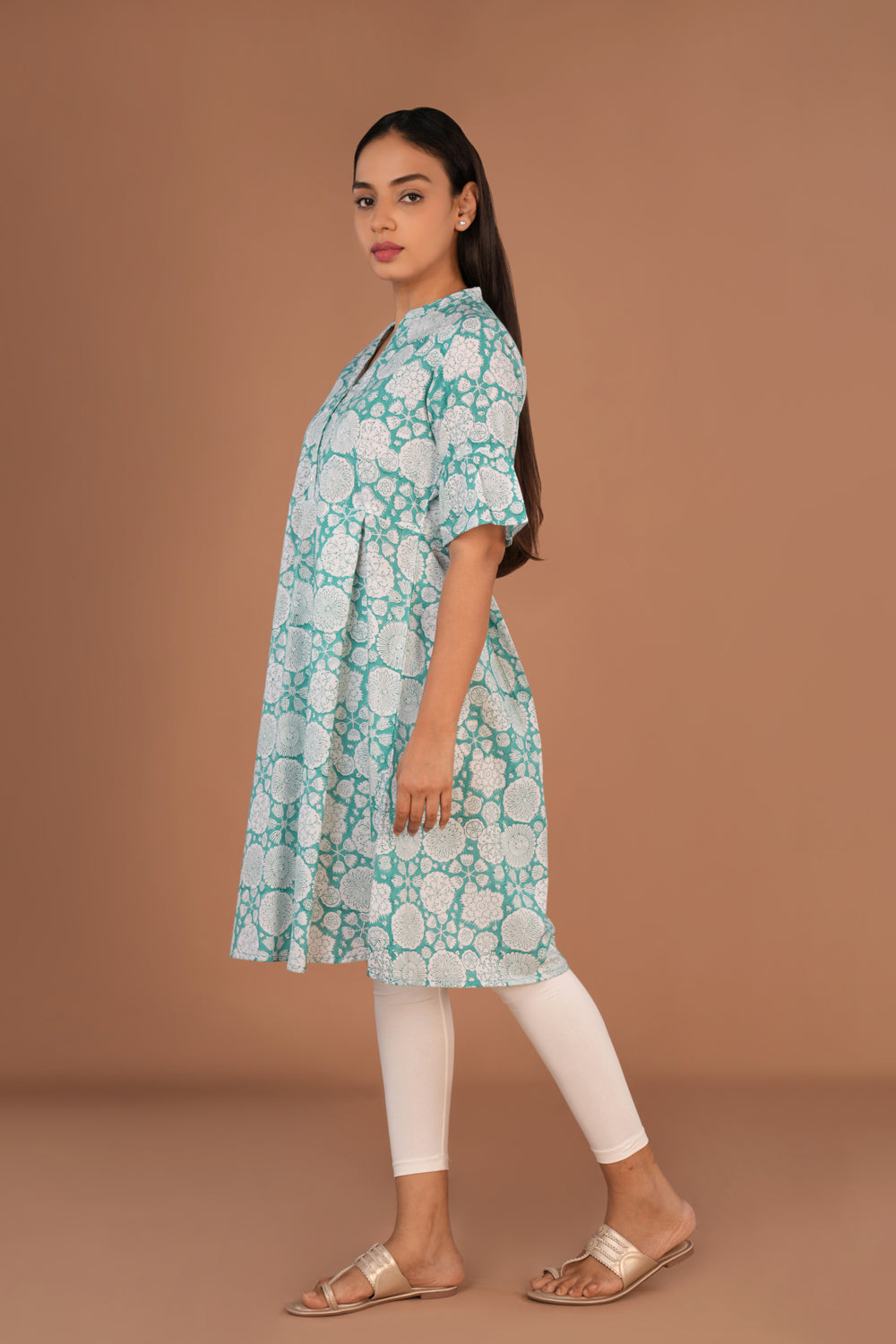 Image of Sea Green Sanganeri hand block printed cotton long Kurti
