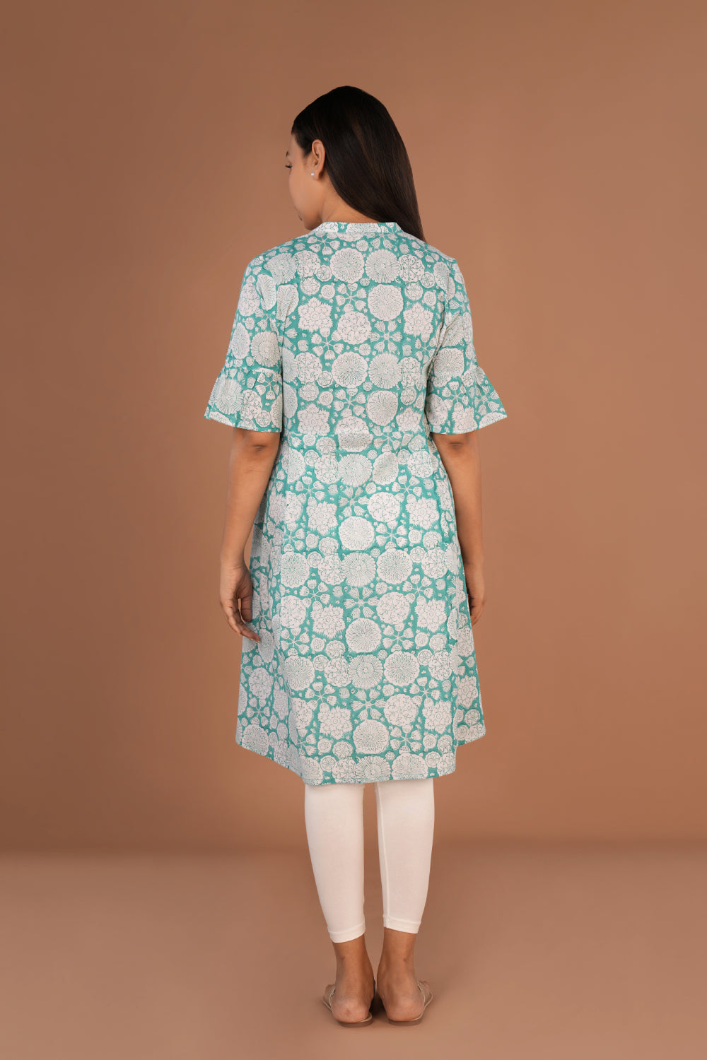 Image of Sea Green Sanganeri hand block printed cotton long Kurti