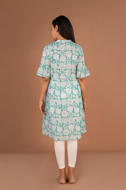 Image of Sea Green Sanganeri hand block printed cotton long Kurti