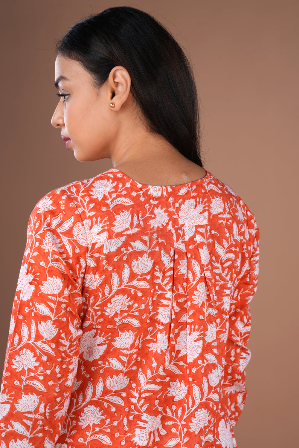 Image of Orange block printed cotton Kurta