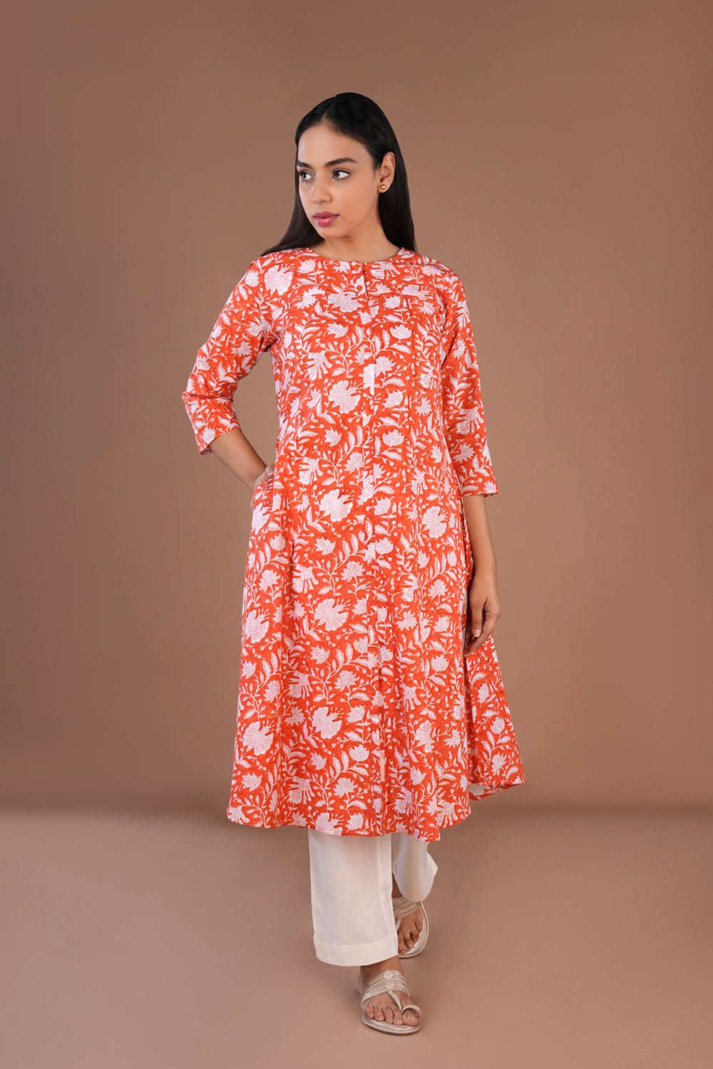 Image of Orange block printed cotton Kurta