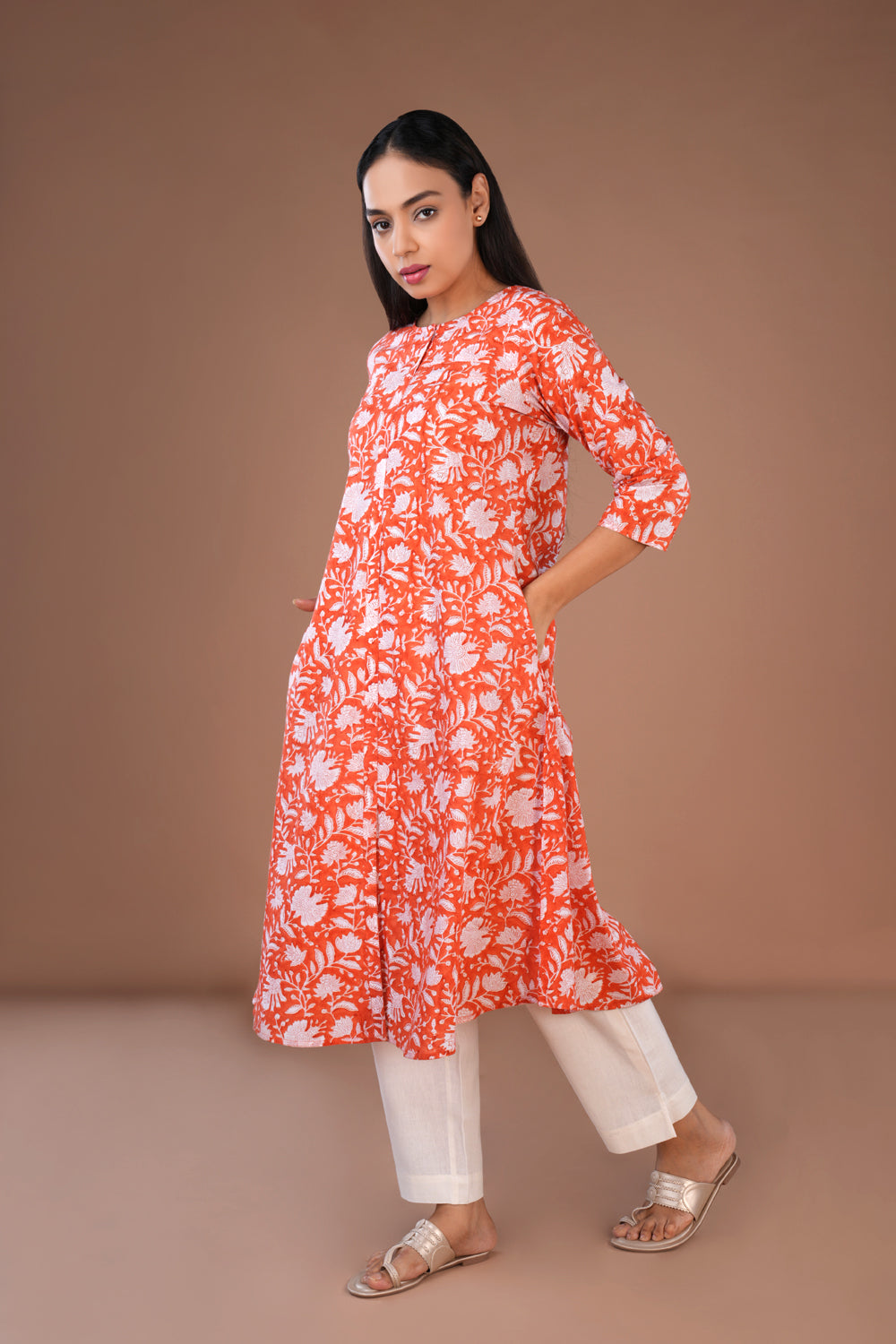 Image of Orange block printed cotton Kurta
