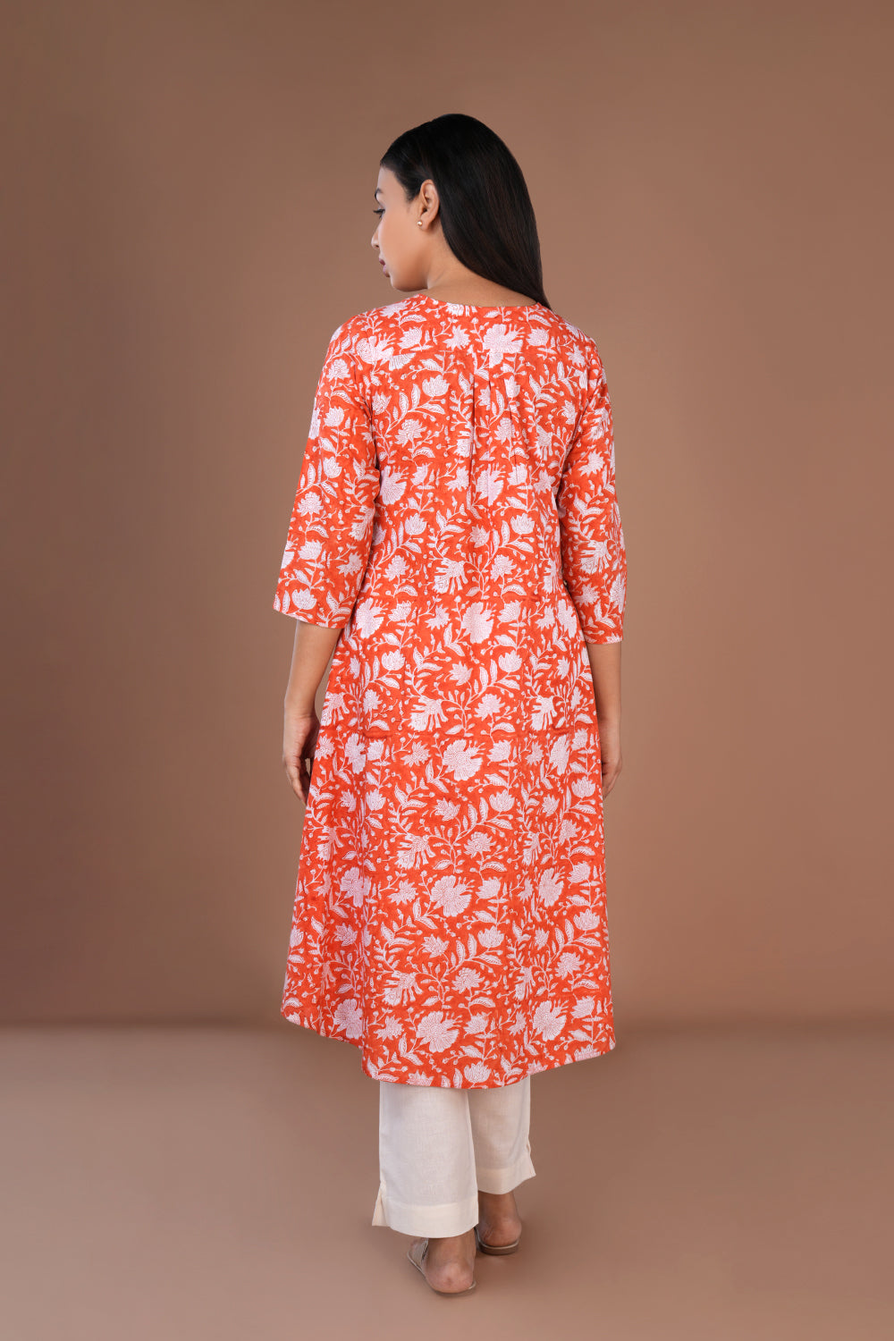 Image of Orange block printed cotton Kurta