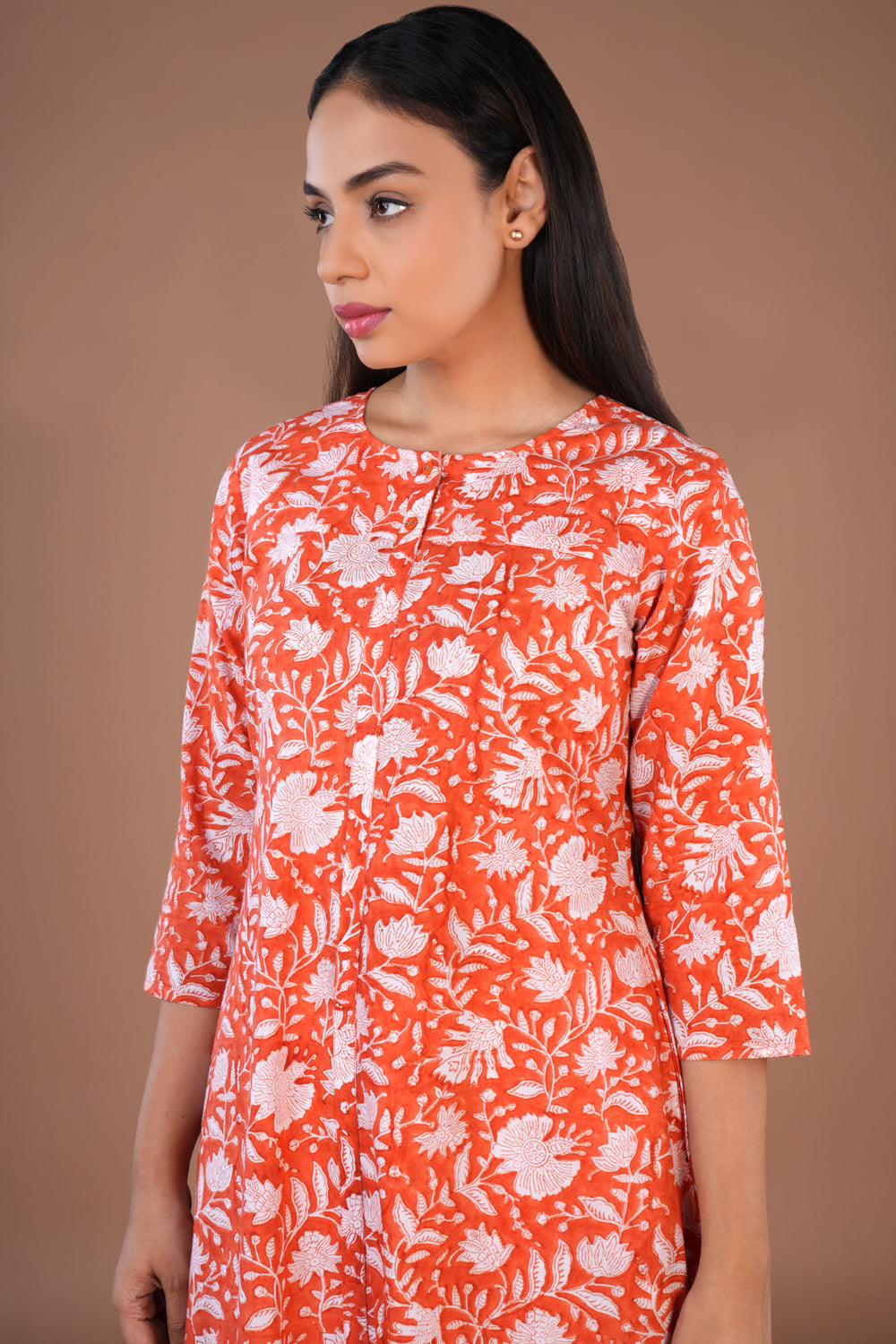 Image of Orange block printed cotton Kurta
