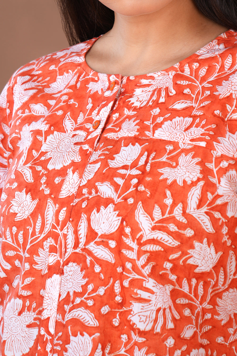 Image of Orange block printed cotton Kurta