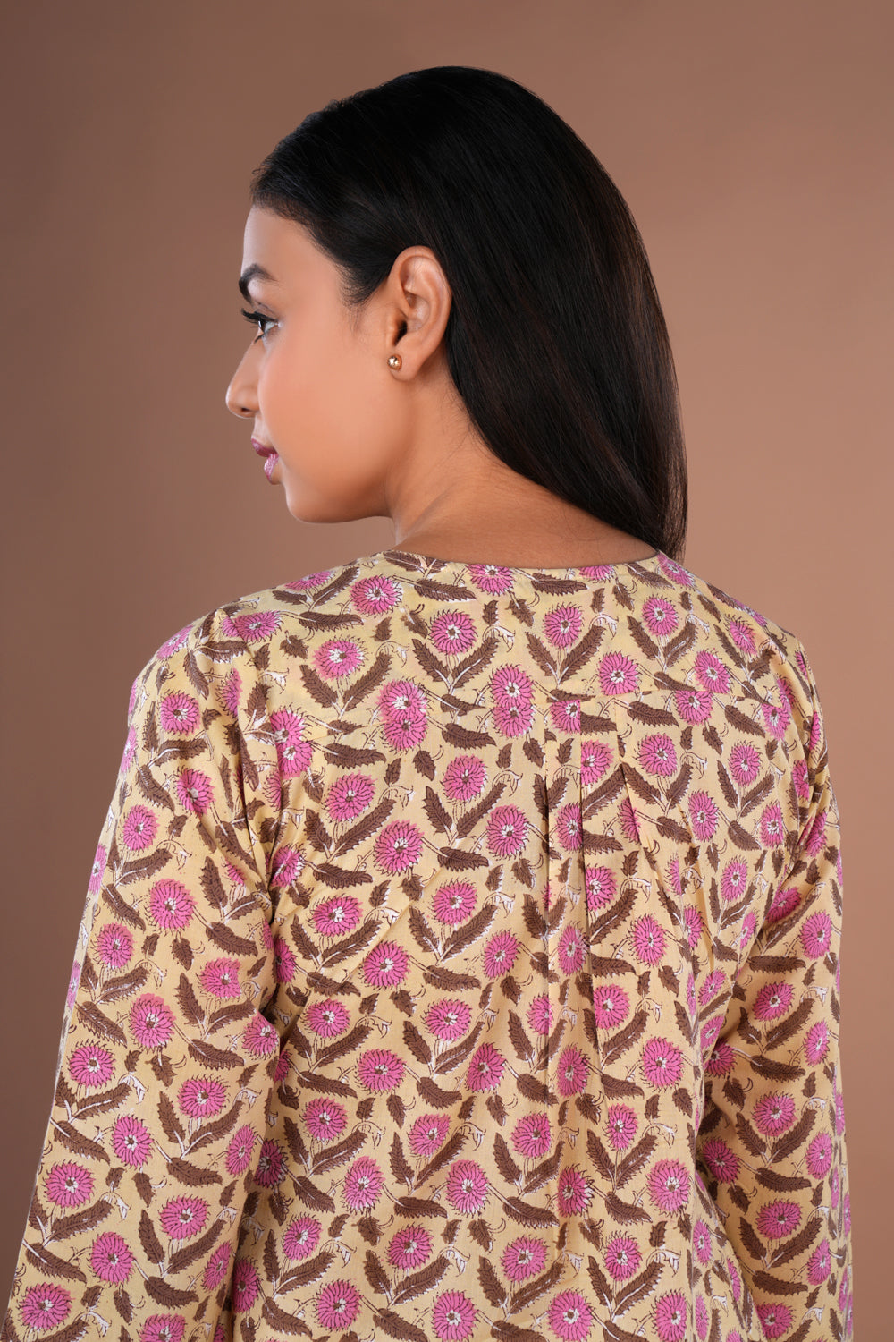 Image of Yellow block printed long kurta
