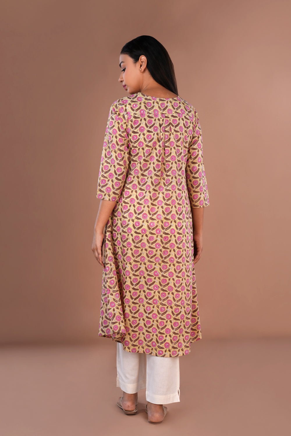Image of Yellow block printed long kurta