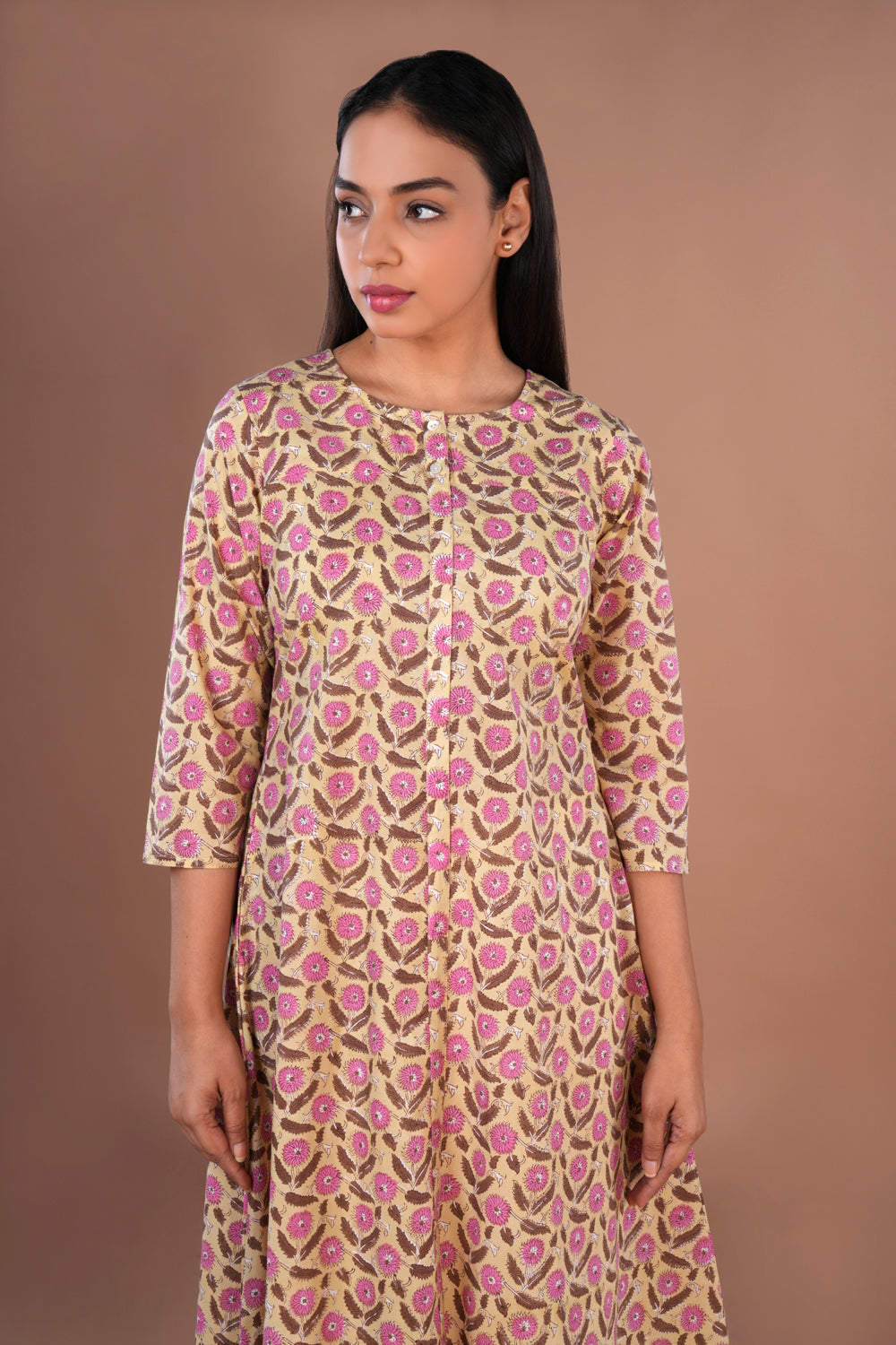 Image of Yellow block printed long kurta