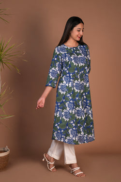 Image of Blue sanganeri blobk printed kurta.