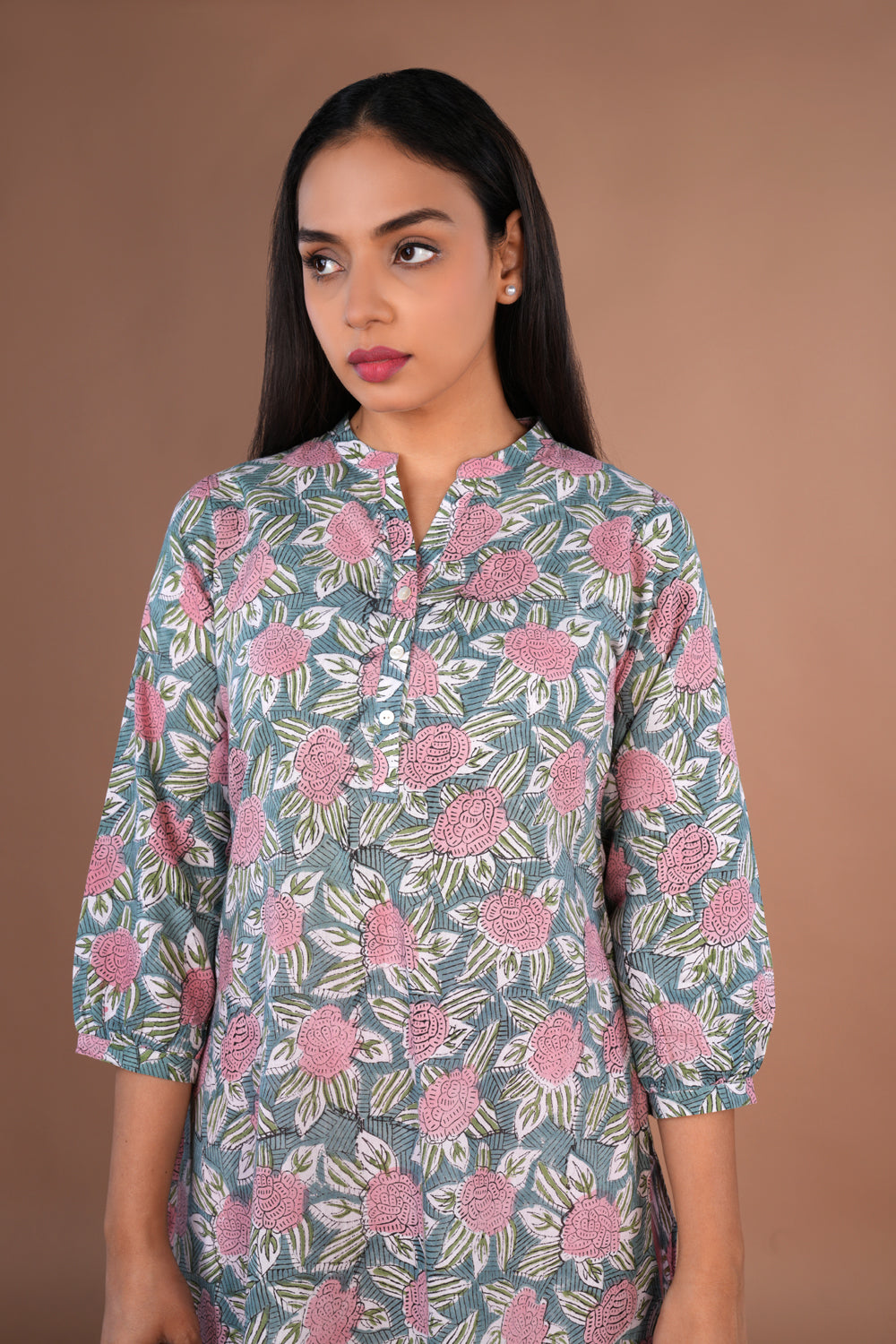 Blue floral Sanganeri hand block printed cotton long kurta.