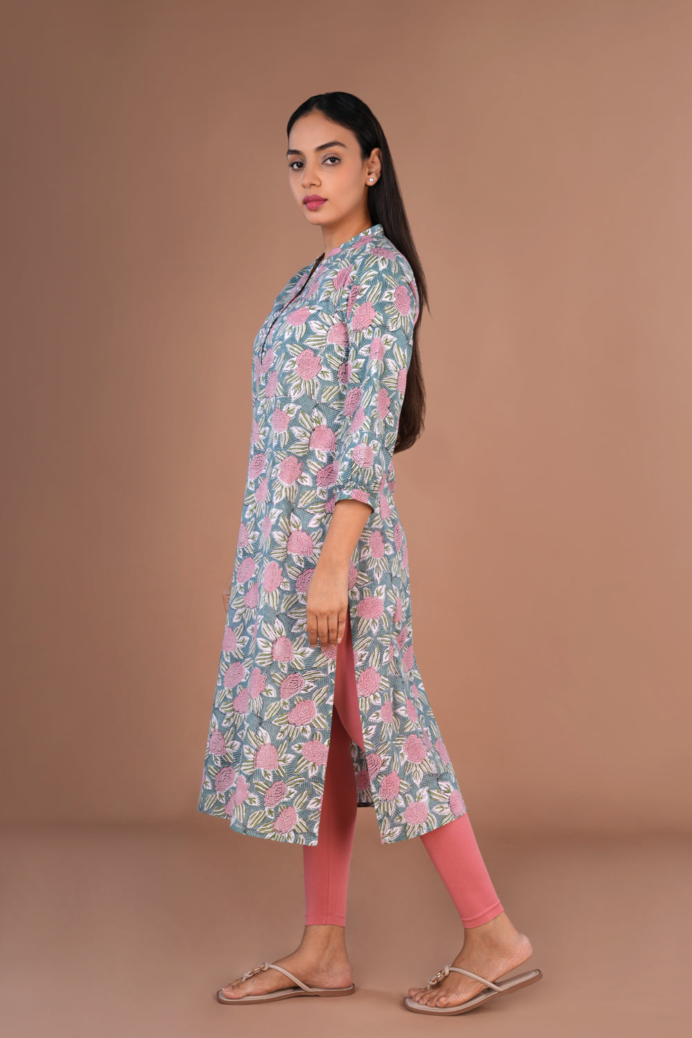 Blue floral Sanganeri hand block printed cotton long kurta.