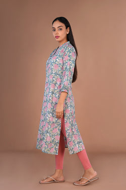 Image of Blue floral Sanganeri hand block printed cotton long kurta.
