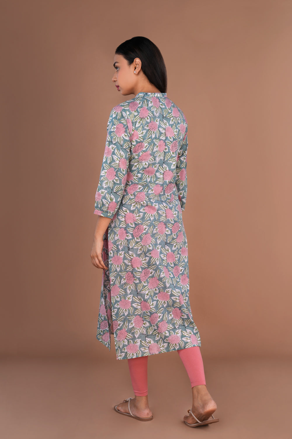 Blue floral Sanganeri hand block printed cotton long kurta.