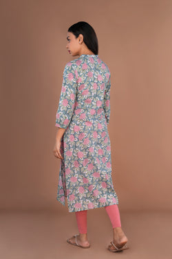 Image of Blue floral Sanganeri hand block printed cotton long kurta.