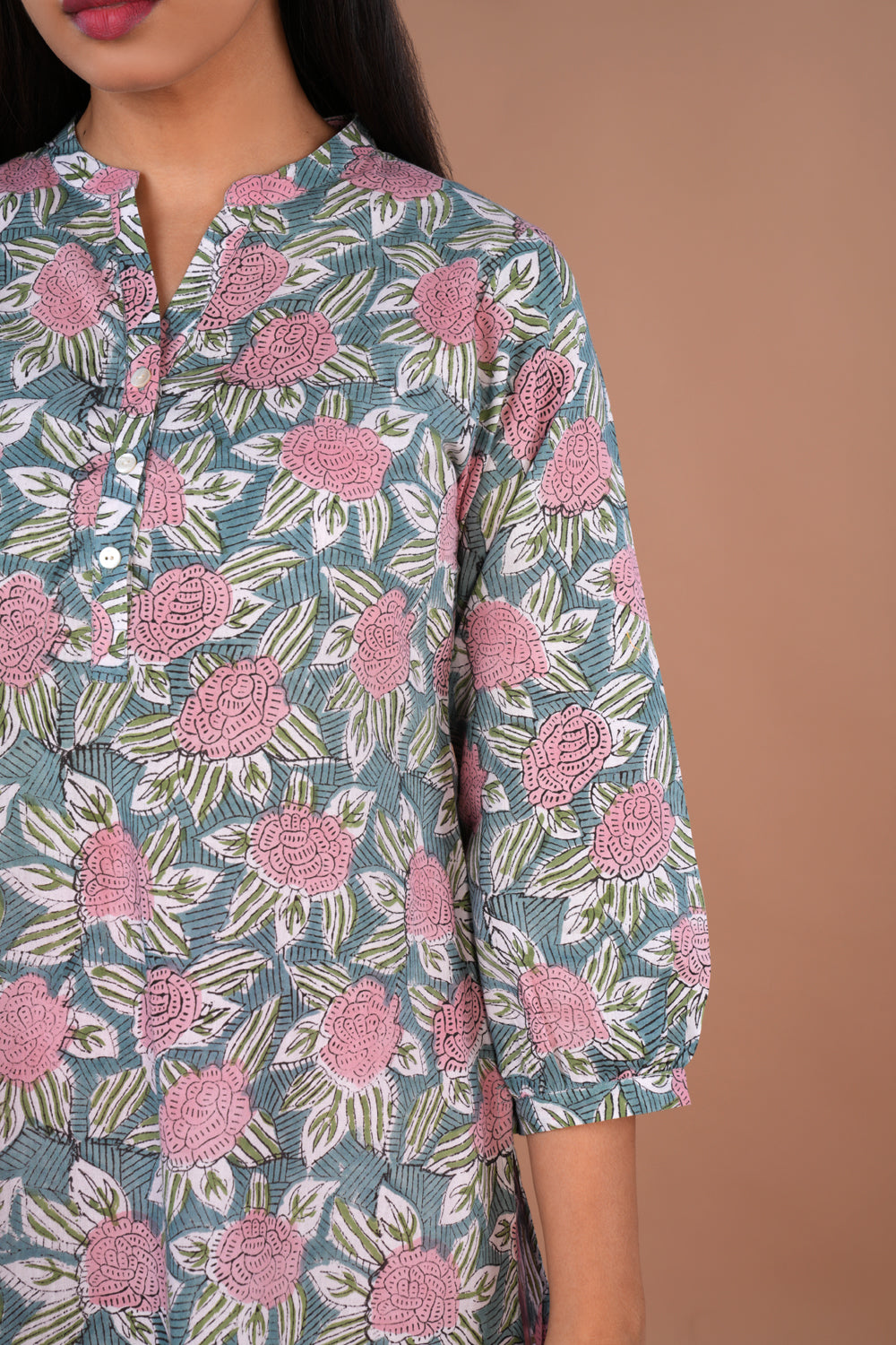 Blue floral Sanganeri hand block printed cotton long kurta.