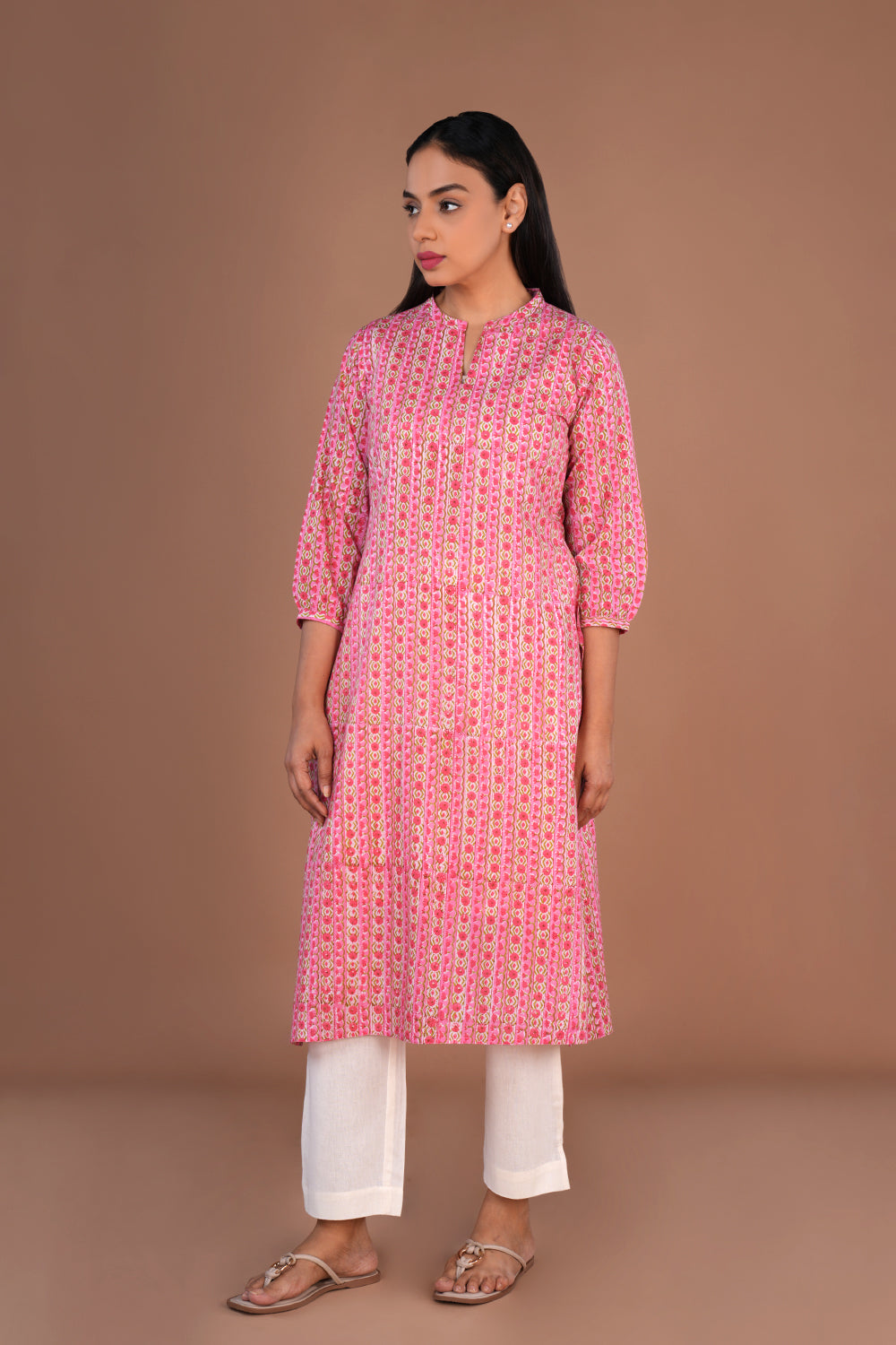 Image of Sanganeri hand block printed cotton long kurta