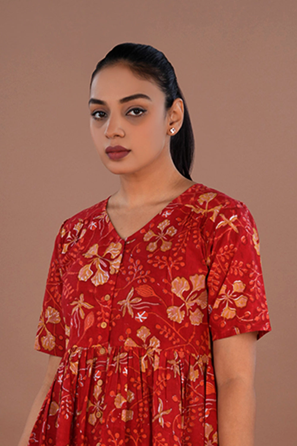 Red block printed Kurti