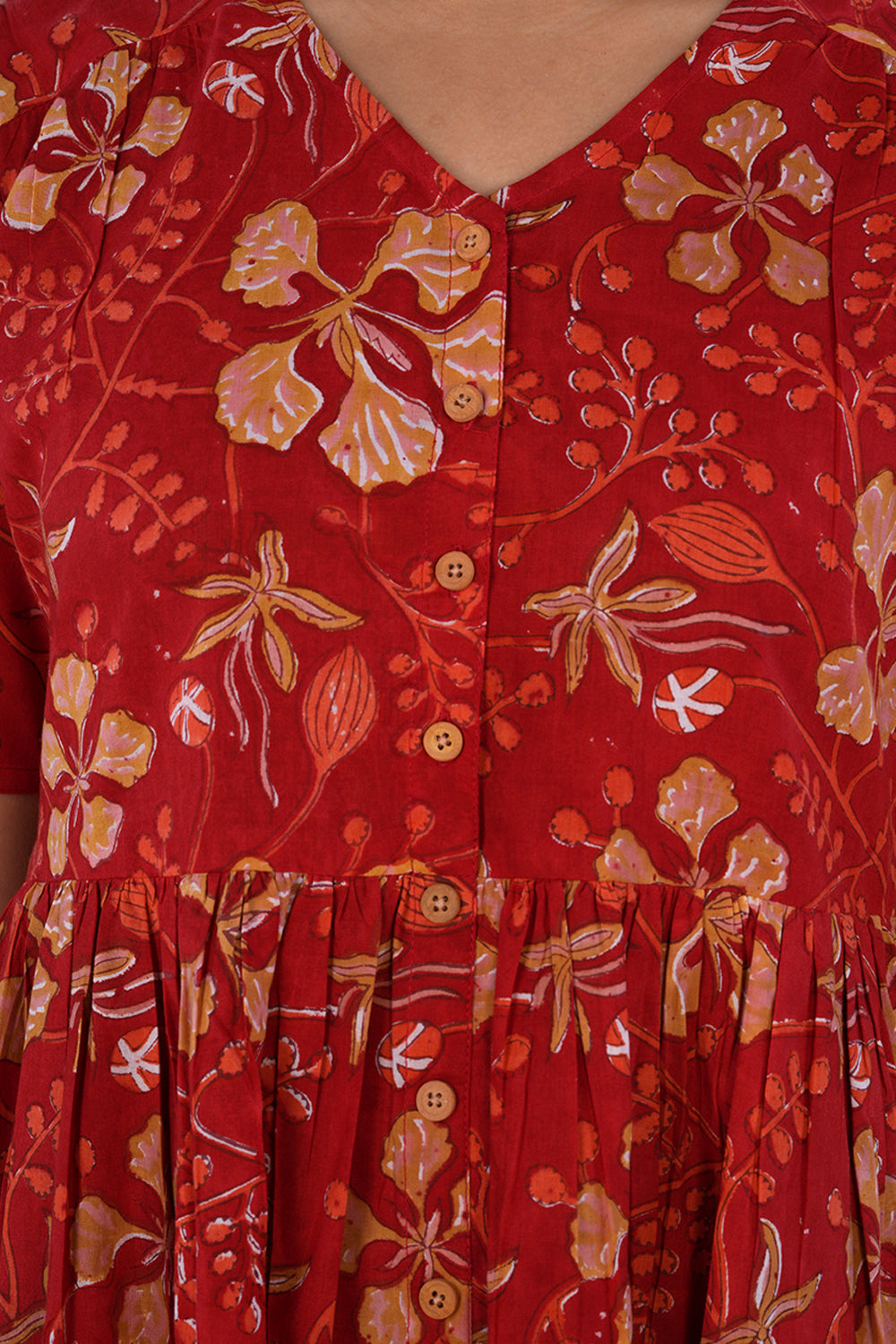 Red block printed Kurti