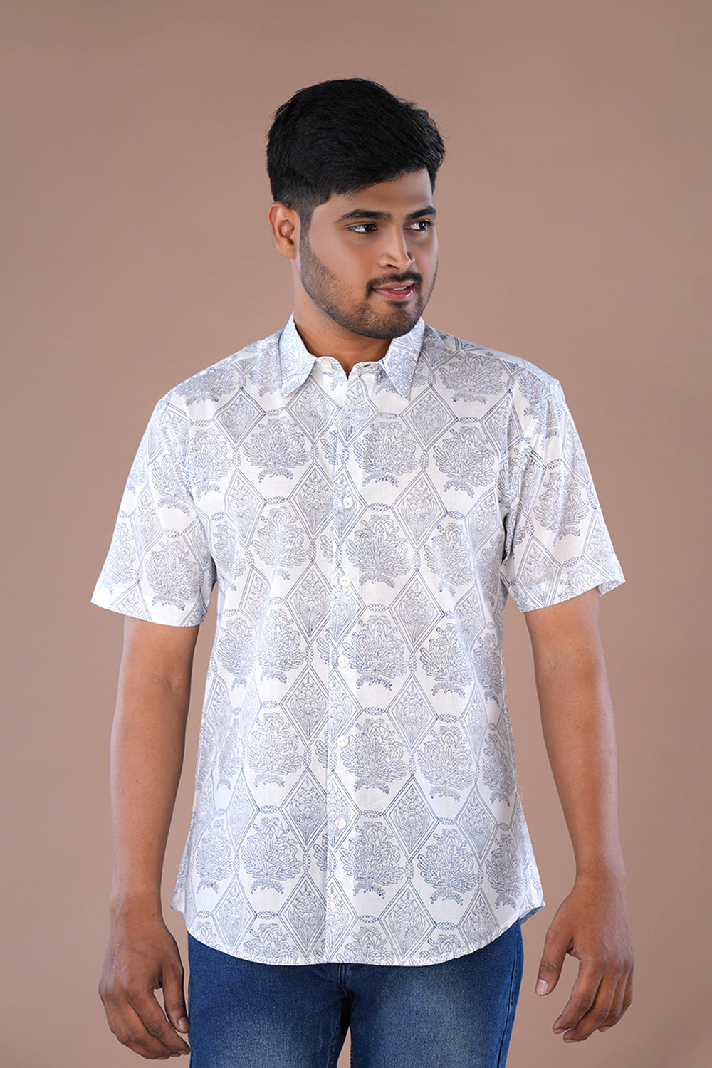 White Mens handblock printed Shirt