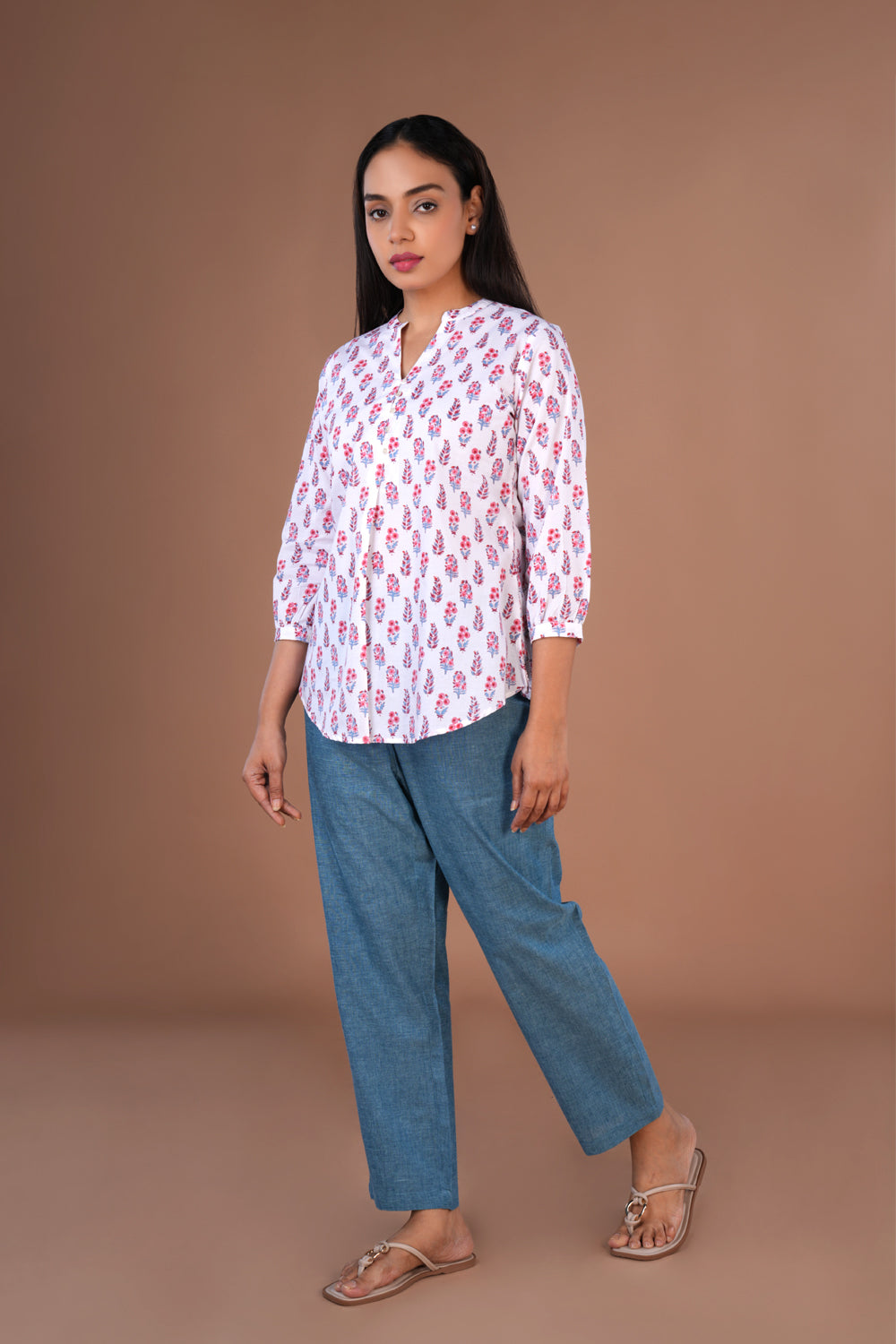 White sanganeri Hand block Printed Short Kurti