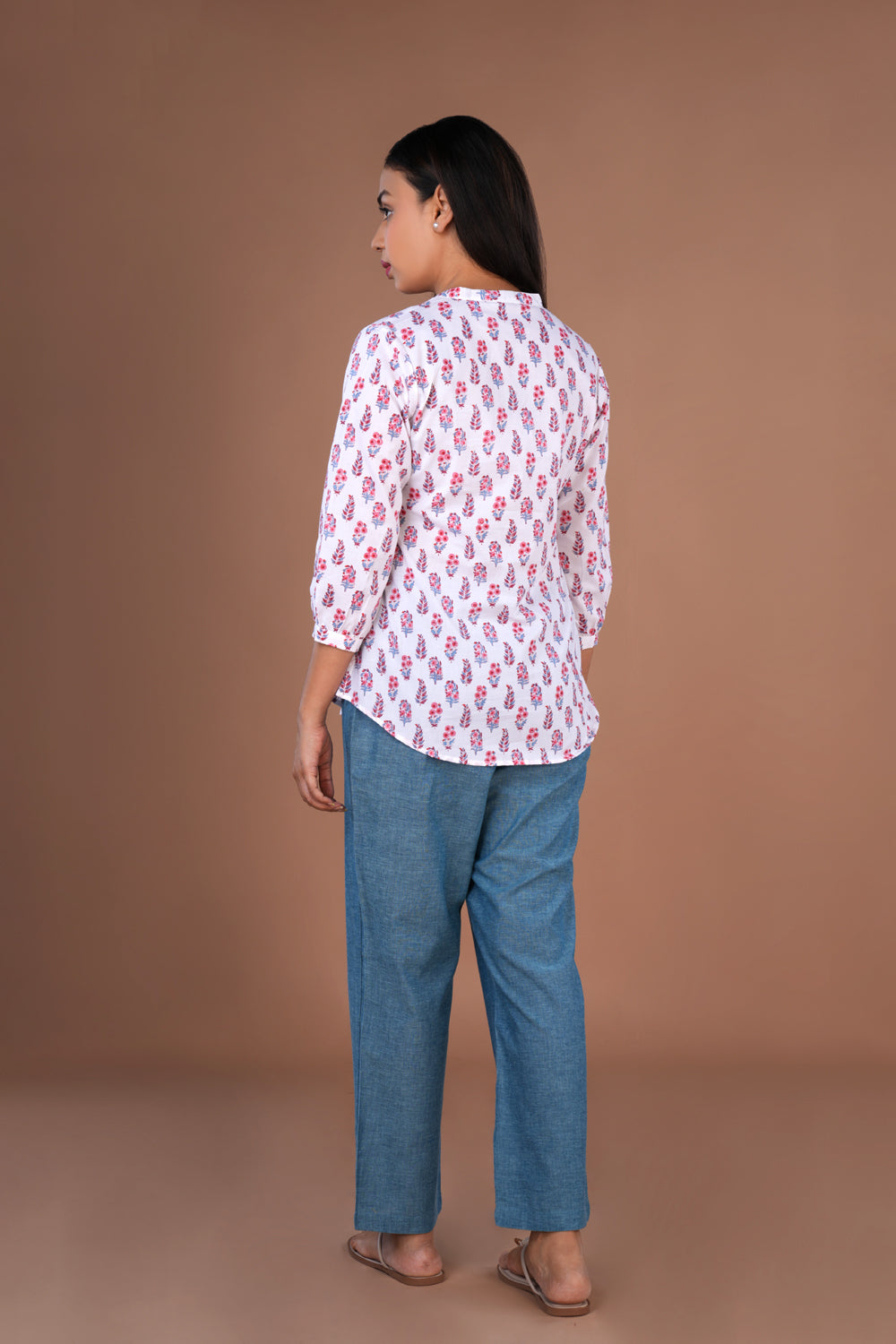 White sanganeri Hand block Printed Short Kurti