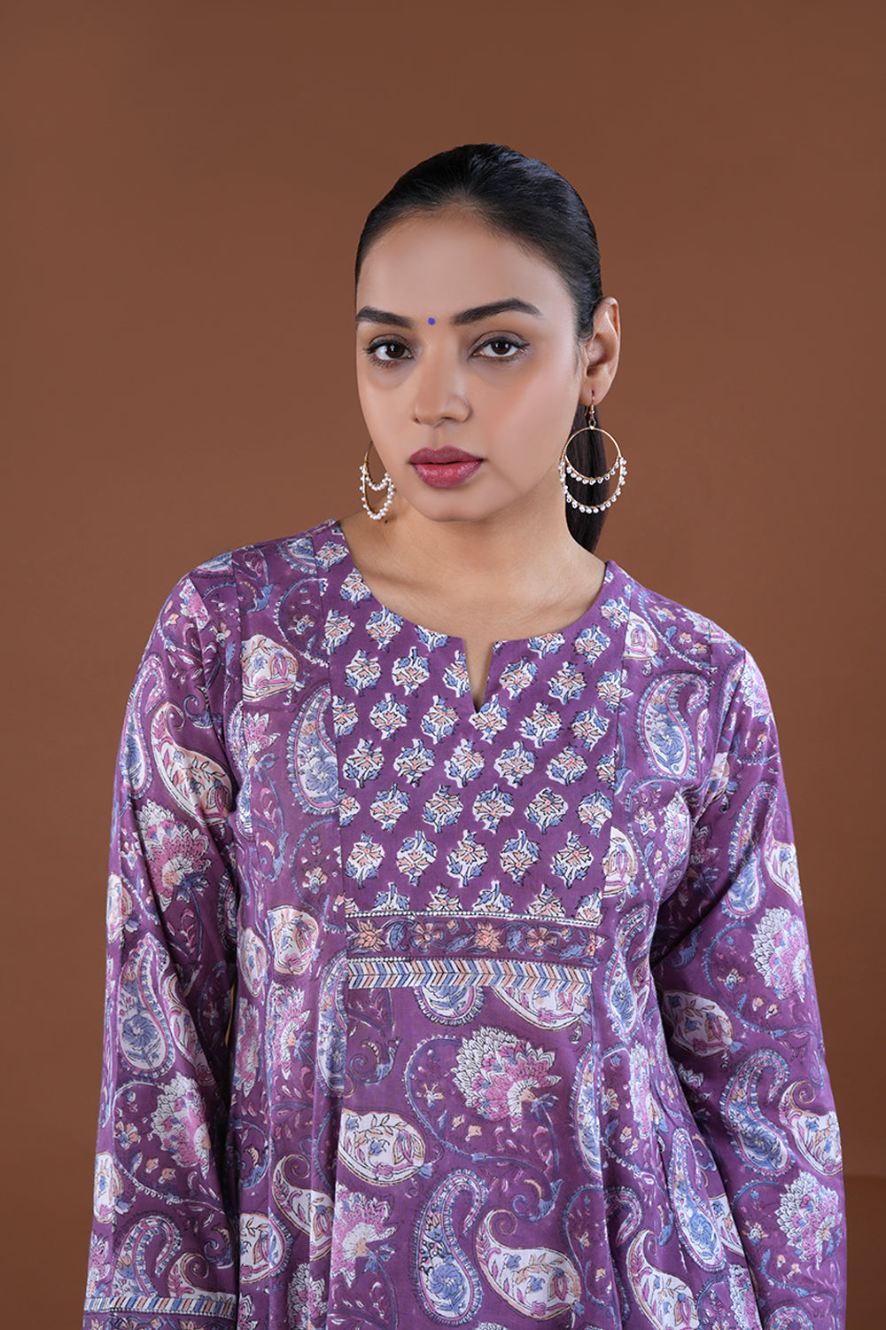 Purple Floral block printed cotton kurta set
