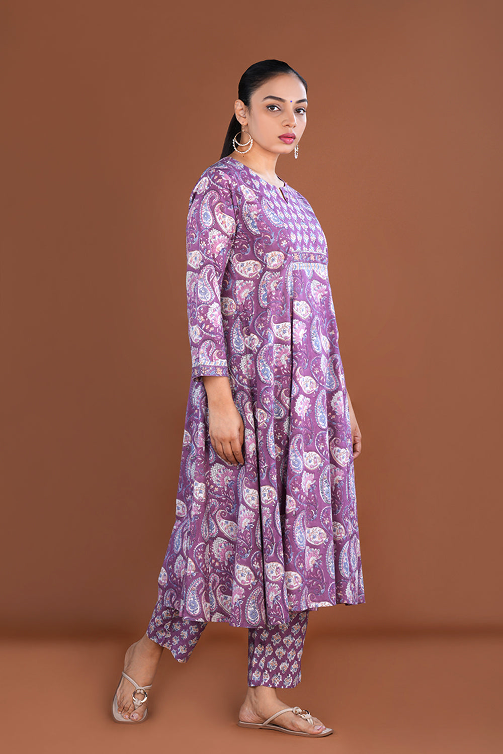 Image of Purple Floral block printed cotton kurta set