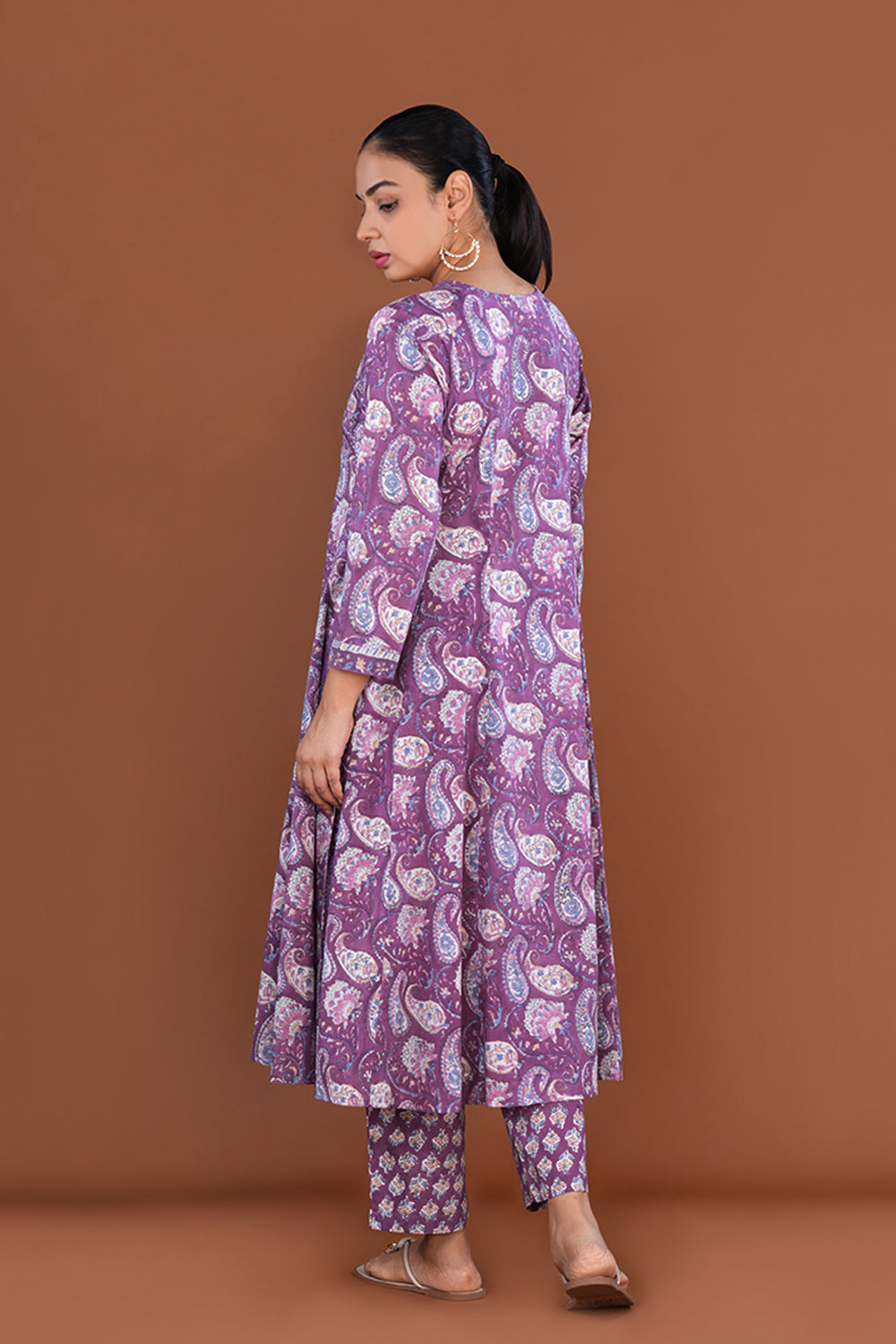 Purple Floral block printed cotton kurta set
