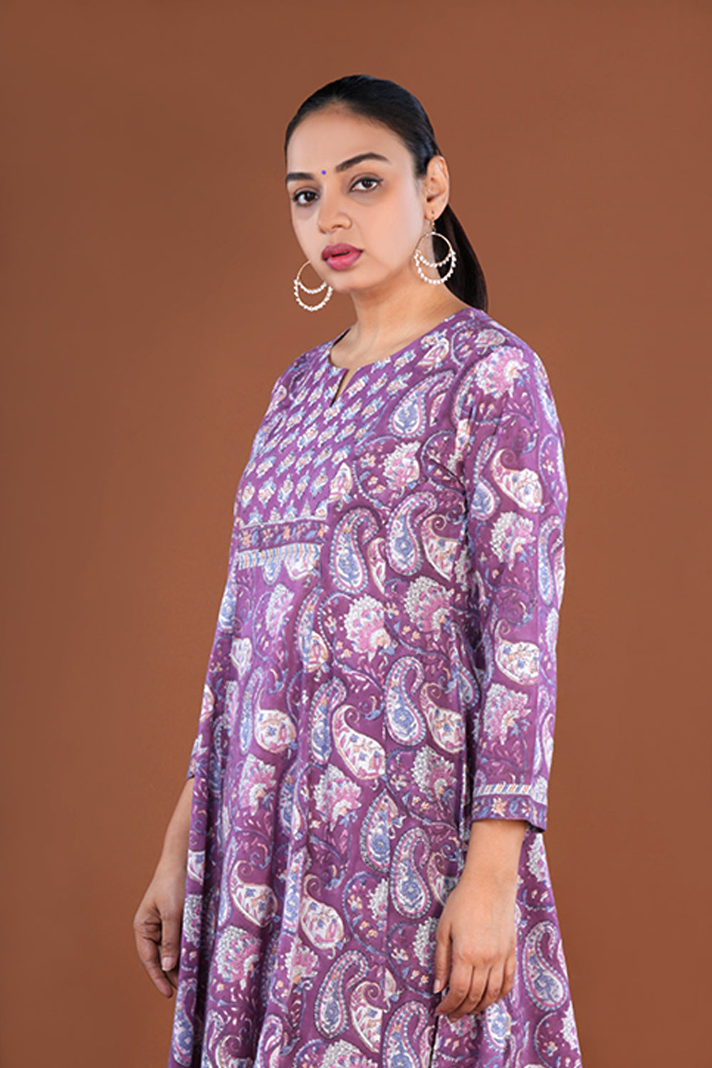 Image of Purple Floral block printed cotton kurta set