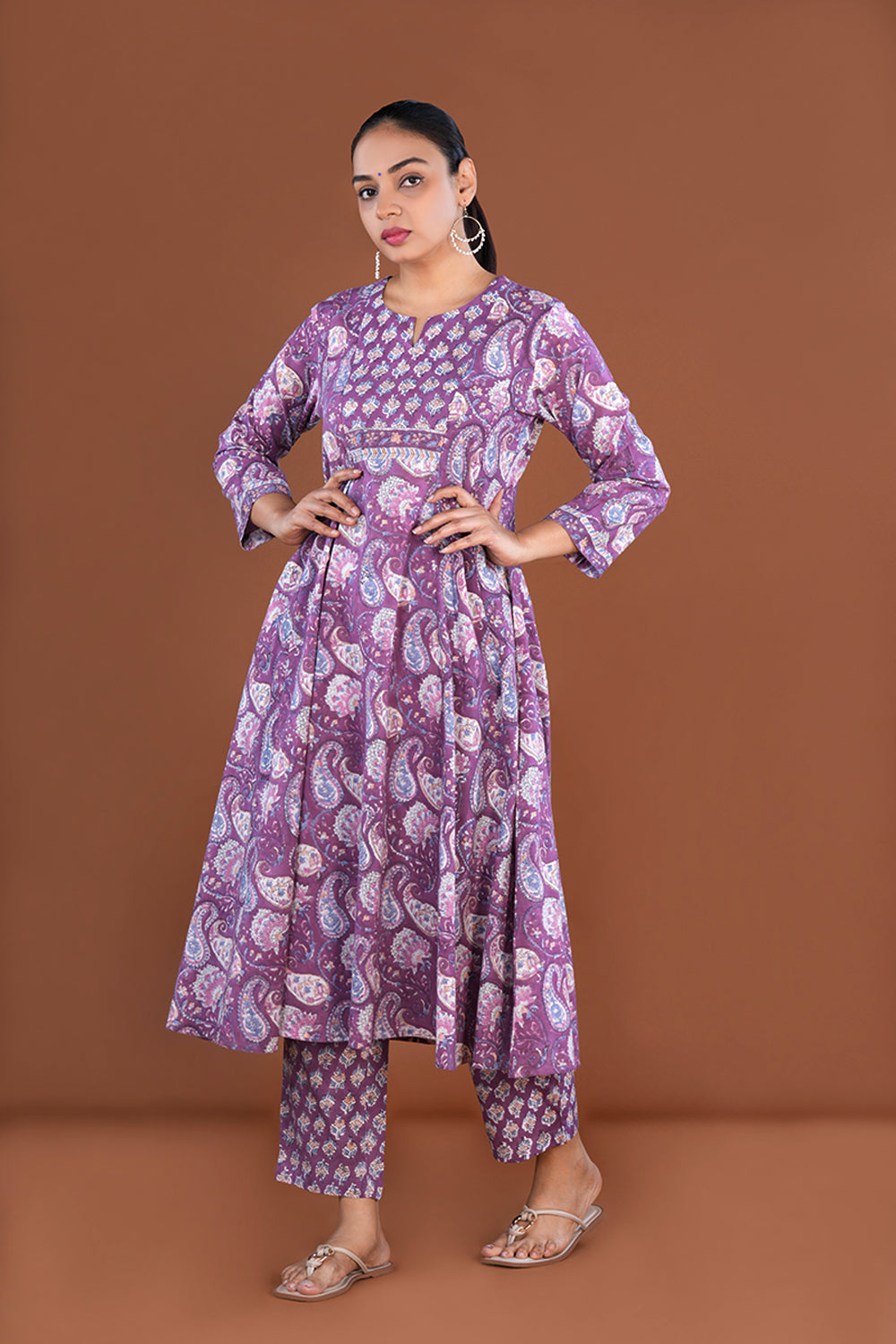 Purple Floral block printed cotton kurta set