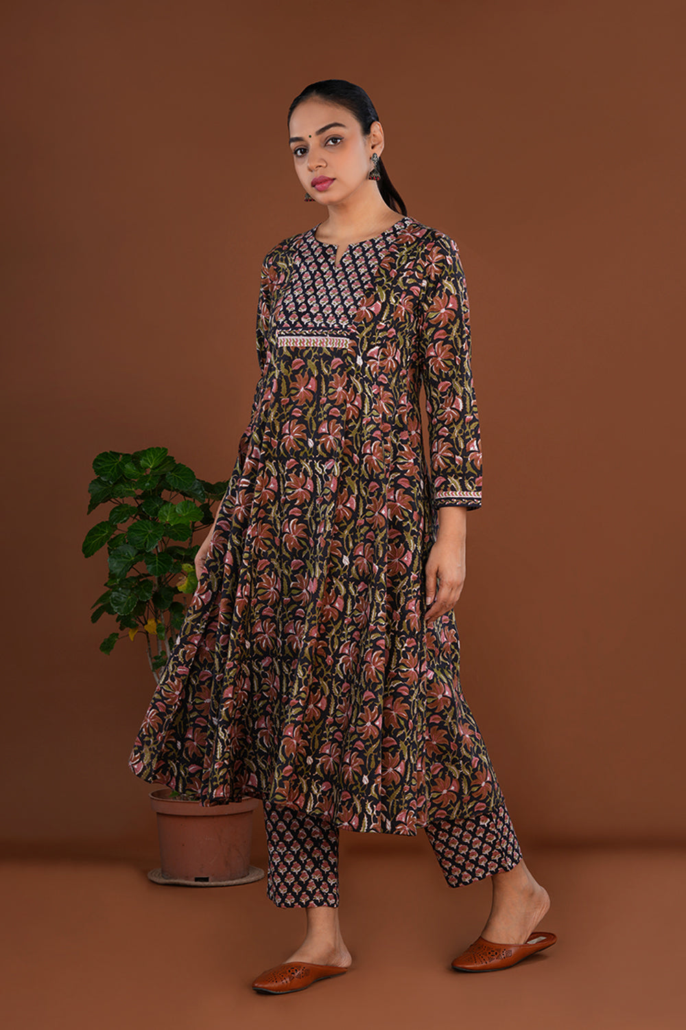 Floral block printed cotton kurta set