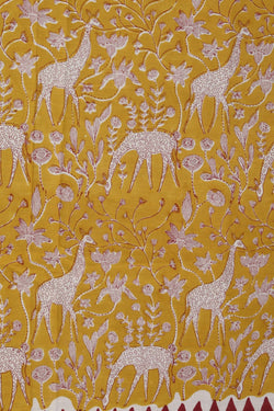 Image of Mustard yellow sanganeri hand block printed saree.