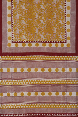 Image of Mustard yellow sanganeri hand block printed saree.