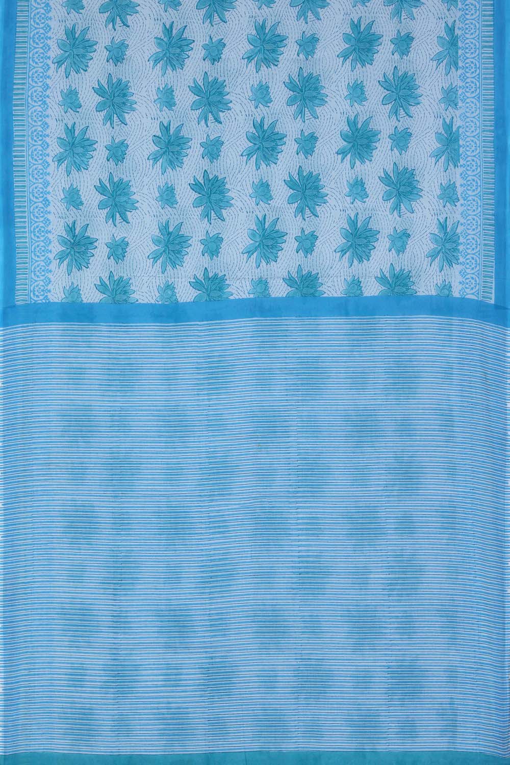 Image of Icey Blue Lotus Print Sanganeri Block Printed Cotton Saree