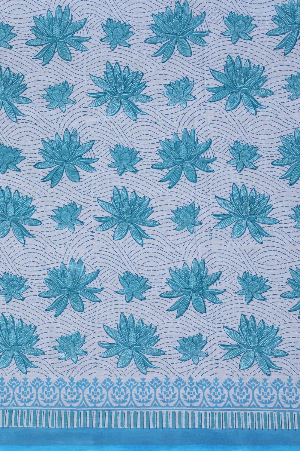 Image of Icey Blue Lotus Print Sanganeri Block Printed Cotton Saree
