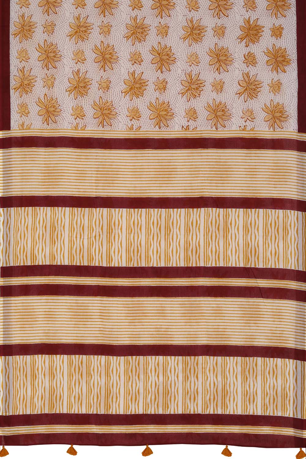 Yellow Sanganeri block printed cotton saree.