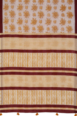 Image of Yellow Sanganeri block printed cotton saree.
