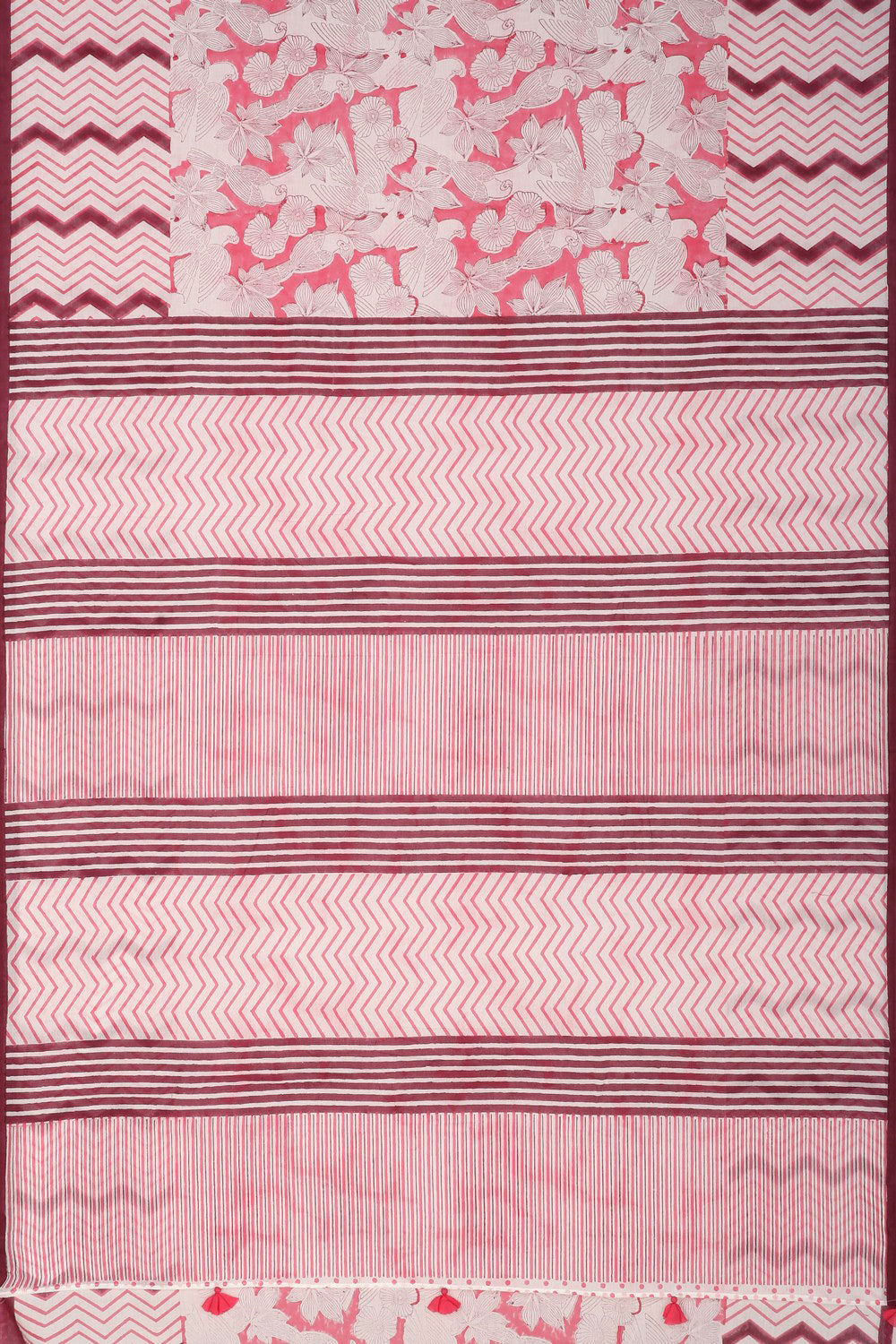 Image of Pink and Maroon Sanganeri Hand Block Printed cotton Saree